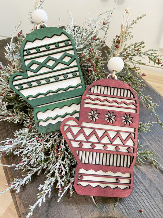 Set of 2 Boho Christmas Mittens Ornament | Christmas Decor | Home Decor